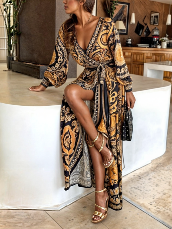 Lani - Bohemian Maxi Dress with Golden Print and High Slit - Brighter Fashion