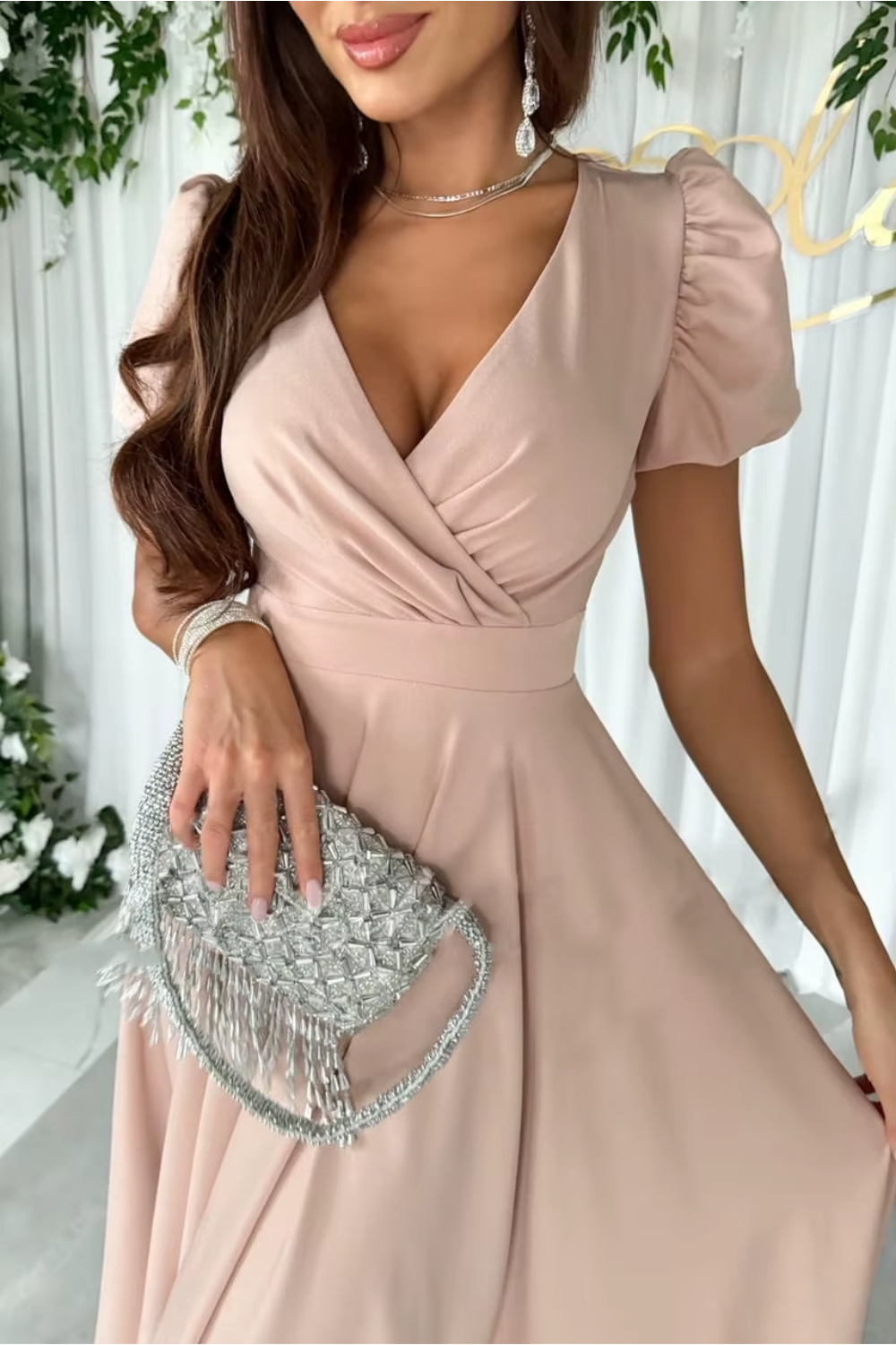 Anika - Elegant V-Neck Midi Dress for Weddings and Special Occasions - Brighter Fashion