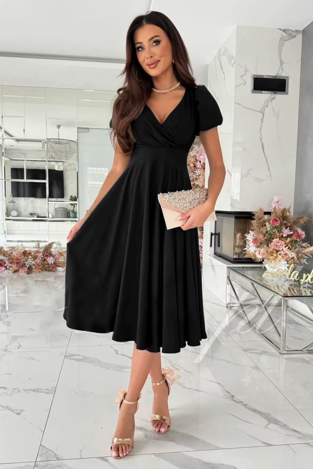 Anika - Elegant V-Neck Midi Dress for Weddings and Special Occasions - Brighter Fashion