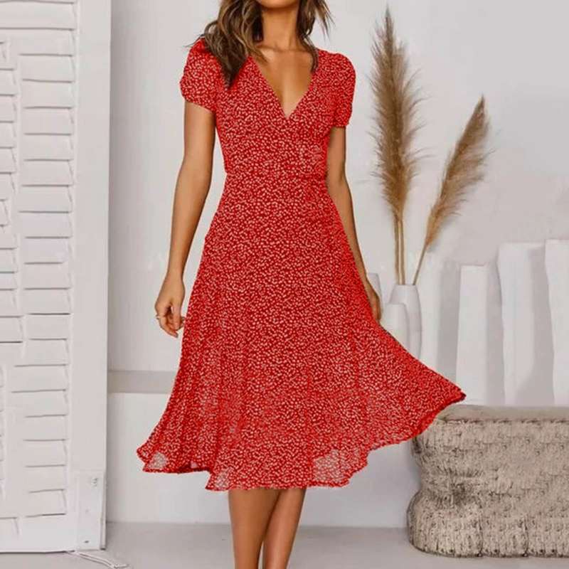Lena - Women Short-Sleeve V-Neck Floral Swing Dress - Brighter Fashion