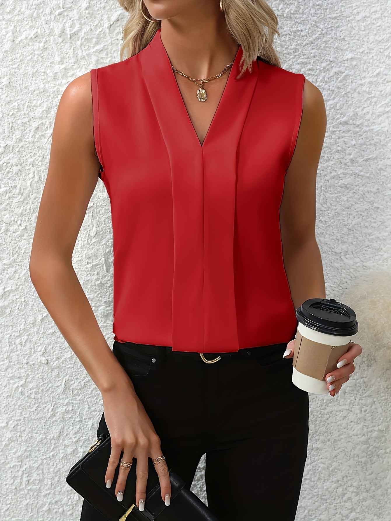 Beatrice | Women's Sleeveless Pleated V-Neck Blouse