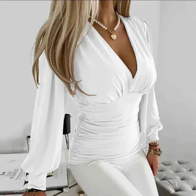 Amber | Women’s Deep V-Neck Ruched Waist Blouse