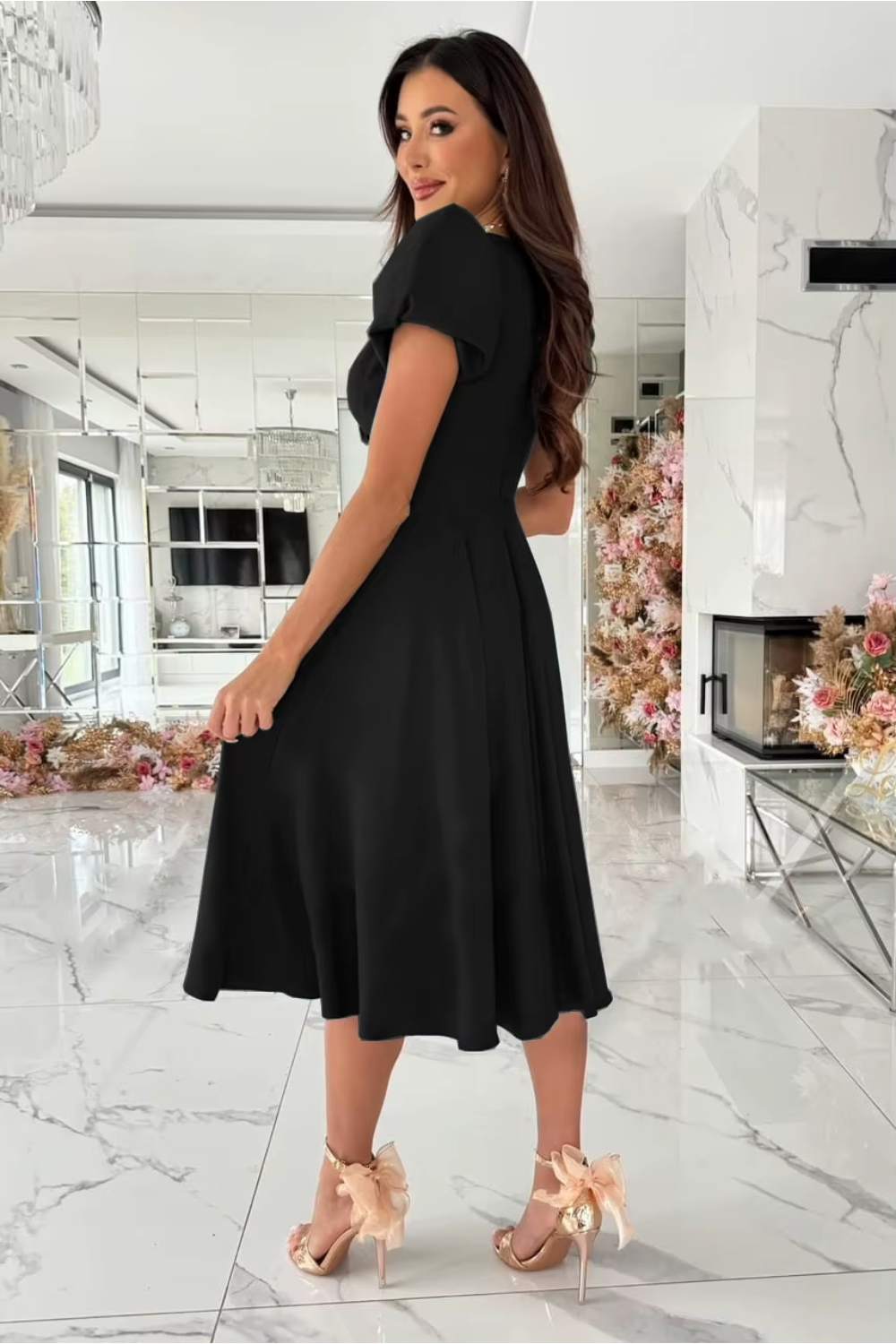 Anika - Elegant V-Neck Midi Dress for Weddings and Special Occasions - Brighter Fashion