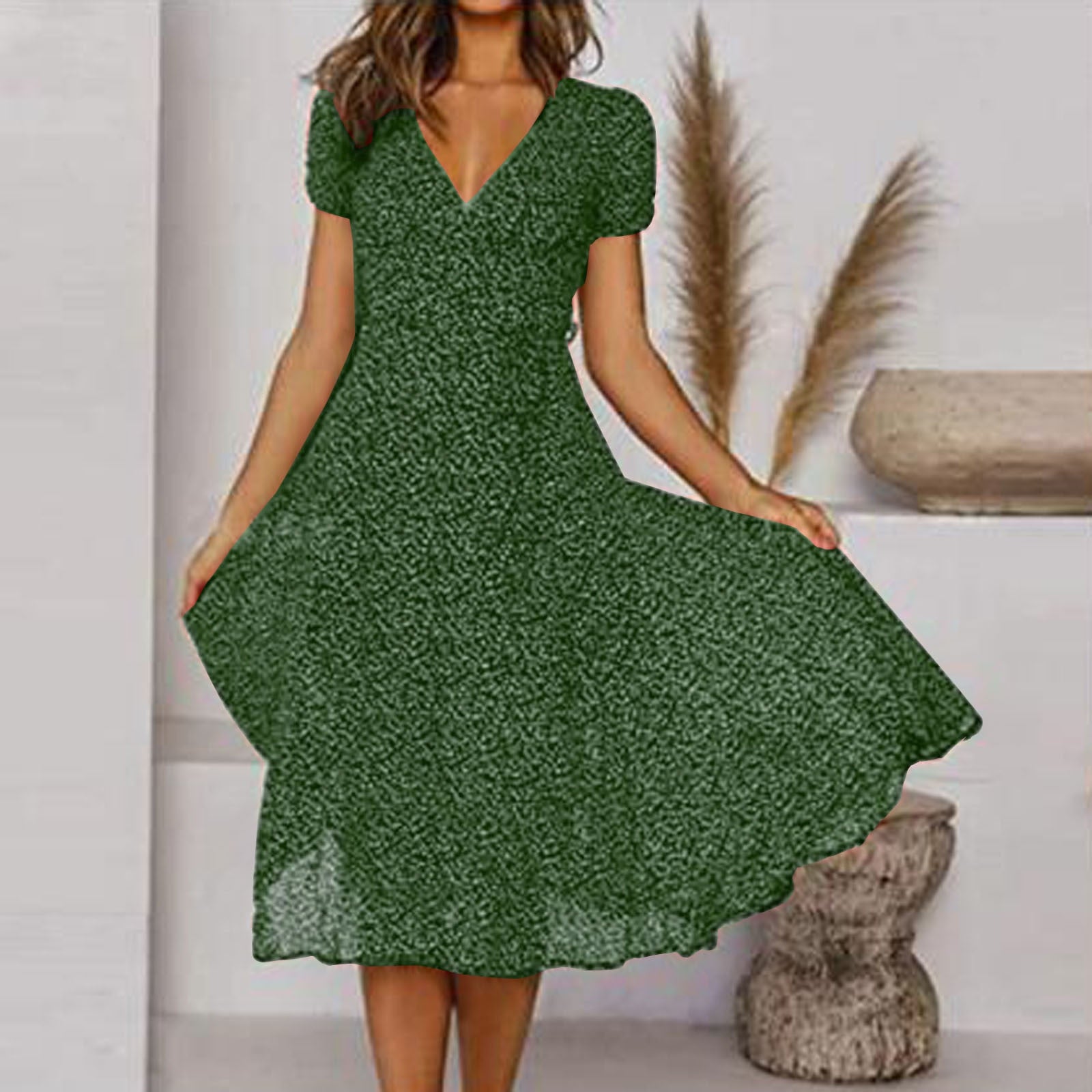 Lena - Women Short-Sleeve V-Neck Floral Swing Dress - Brighter Fashion