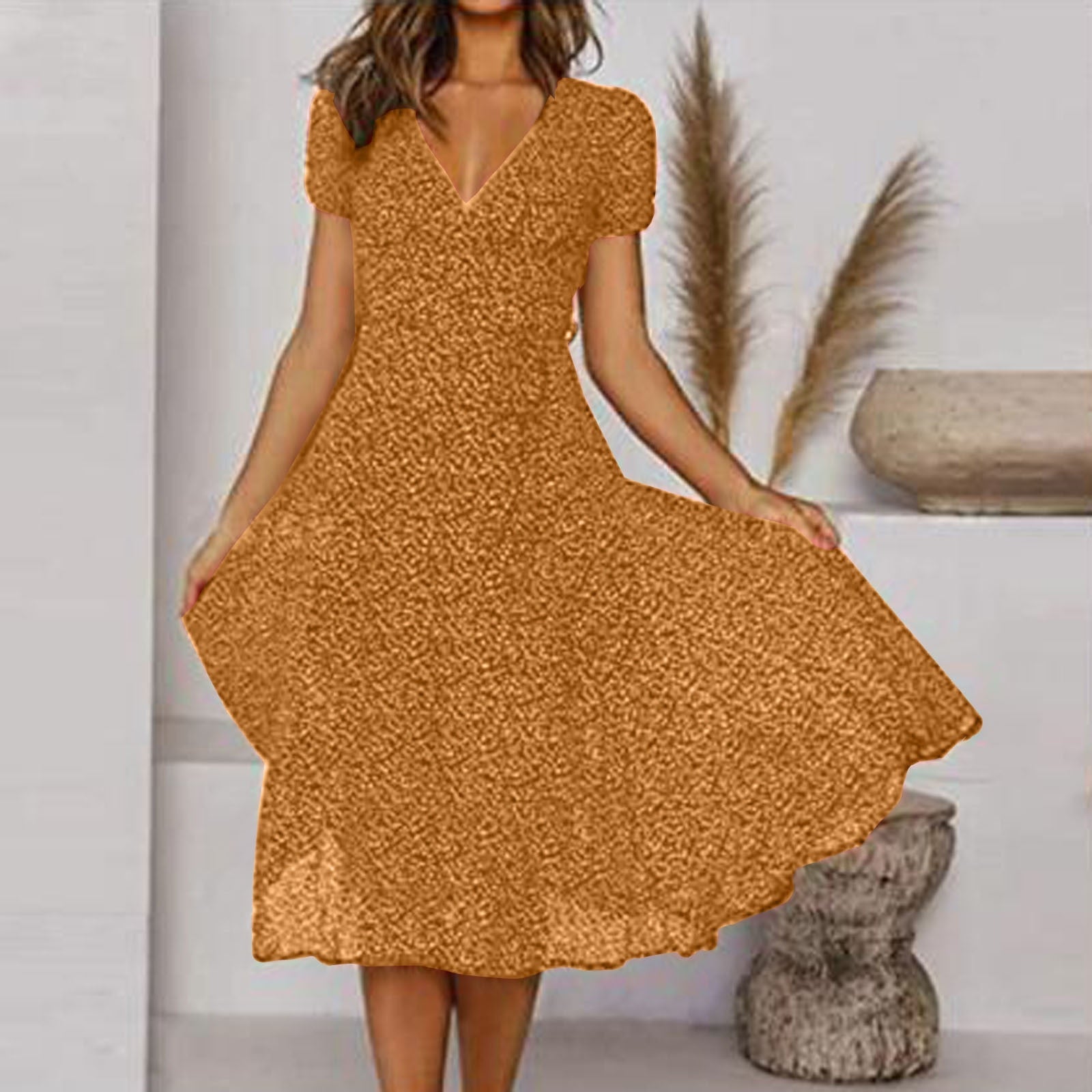 Lena - Women Short-Sleeve V-Neck Floral Swing Dress - Brighter Fashion