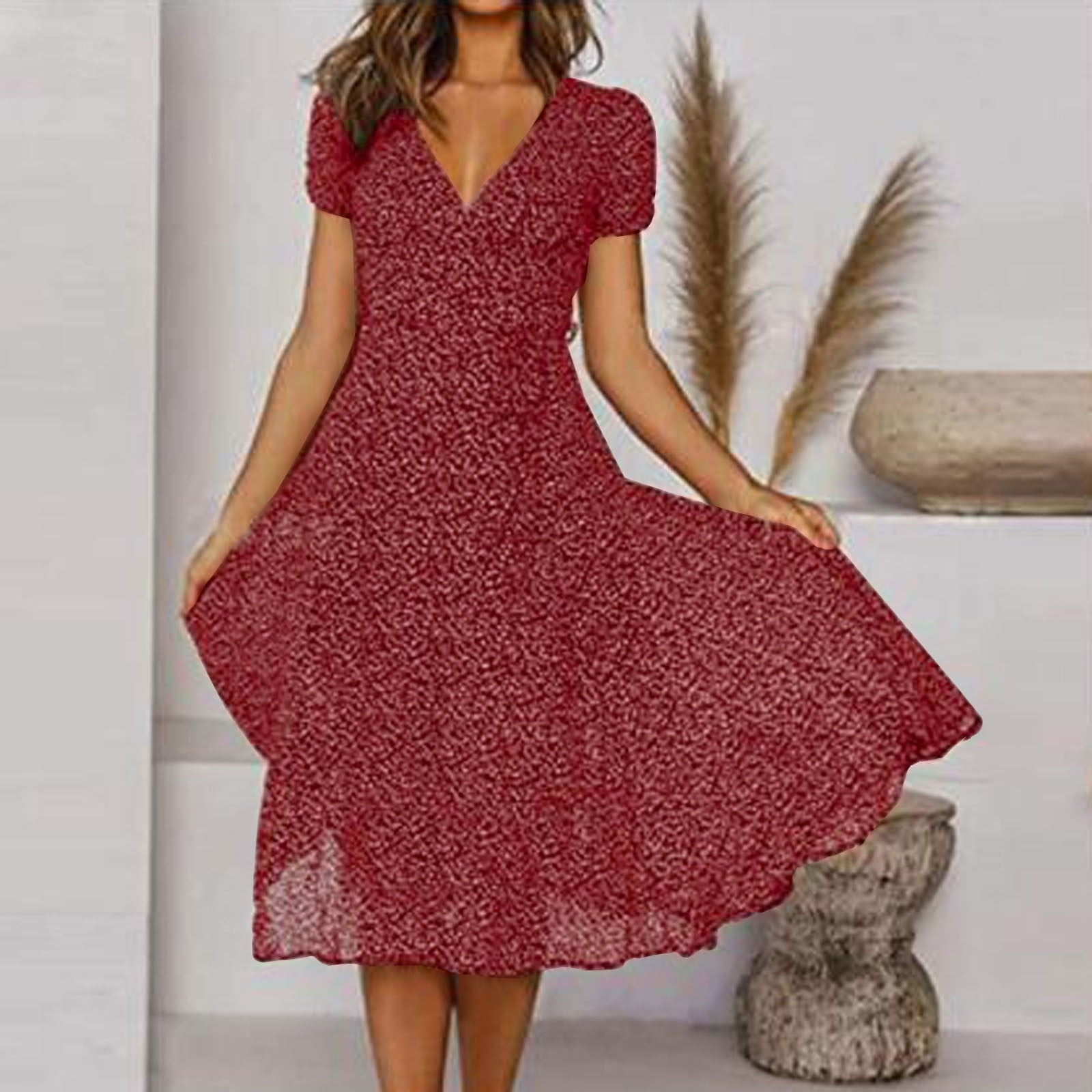 Lena - Women Short-Sleeve V-Neck Floral Swing Dress - Brighter Fashion