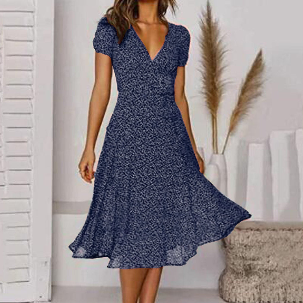 Lena - Women Short-Sleeve V-Neck Floral Swing Dress - Brighter Fashion