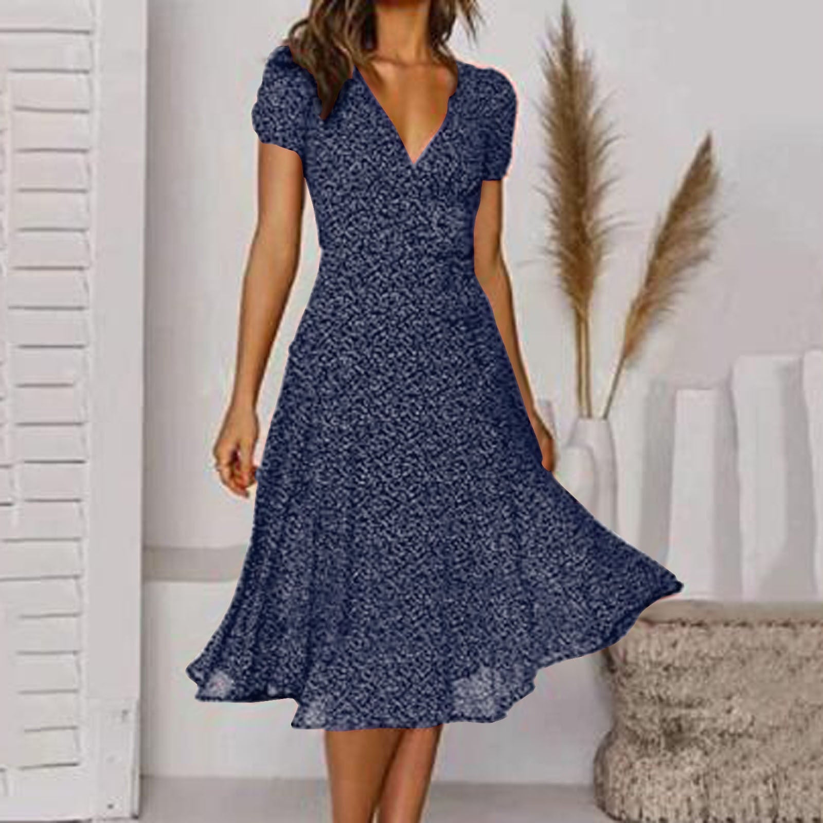 Lena - Women Short-Sleeve V-Neck Floral Swing Dress - Brighter Fashion