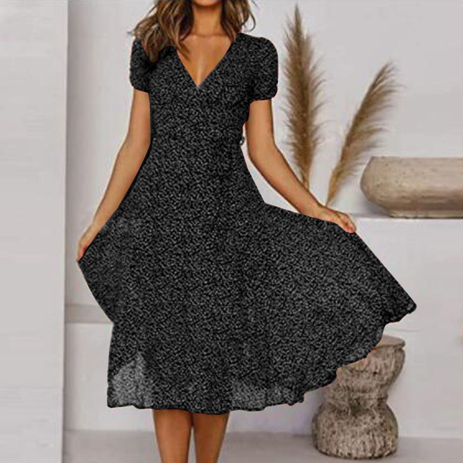 Lena - Women Short-Sleeve V-Neck Floral Swing Dress - Brighter Fashion