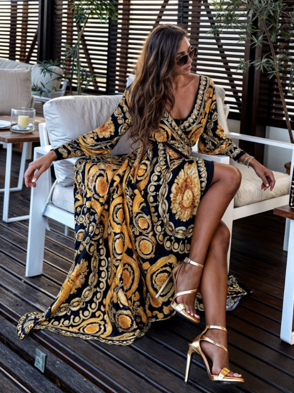 Lani - Bohemian Maxi Dress with Golden Print and High Slit - Brighter Fashion