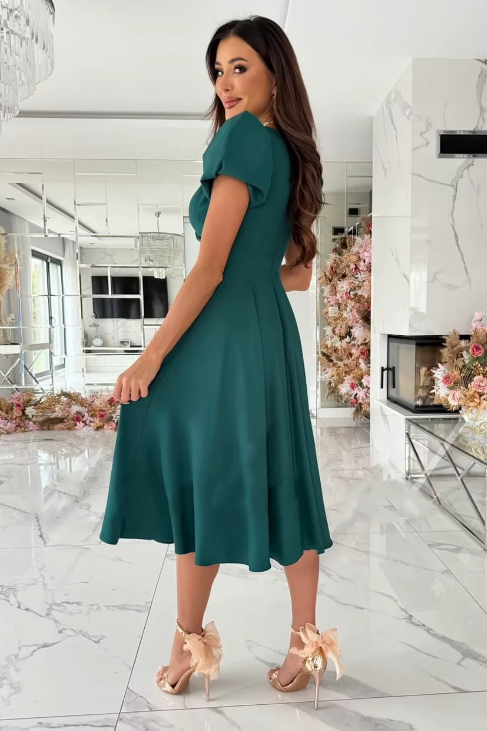 Anika - Elegant V-Neck Midi Dress for Weddings and Special Occasions - Brighter Fashion