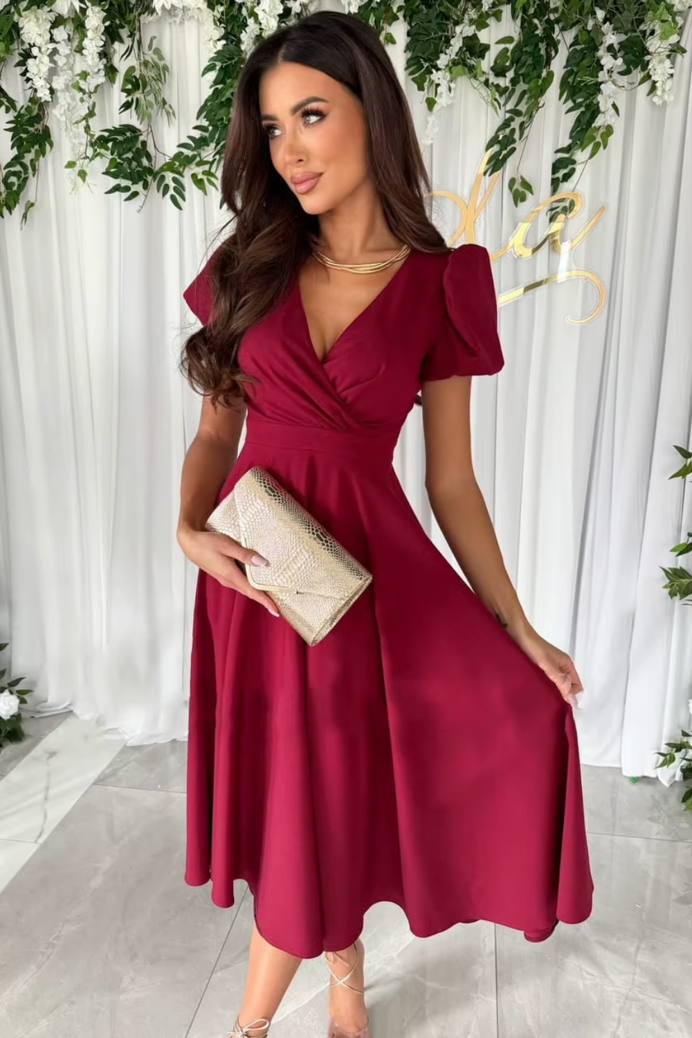 Anika - Elegant V-Neck Midi Dress for Weddings and Special Occasions - Brighter Fashion