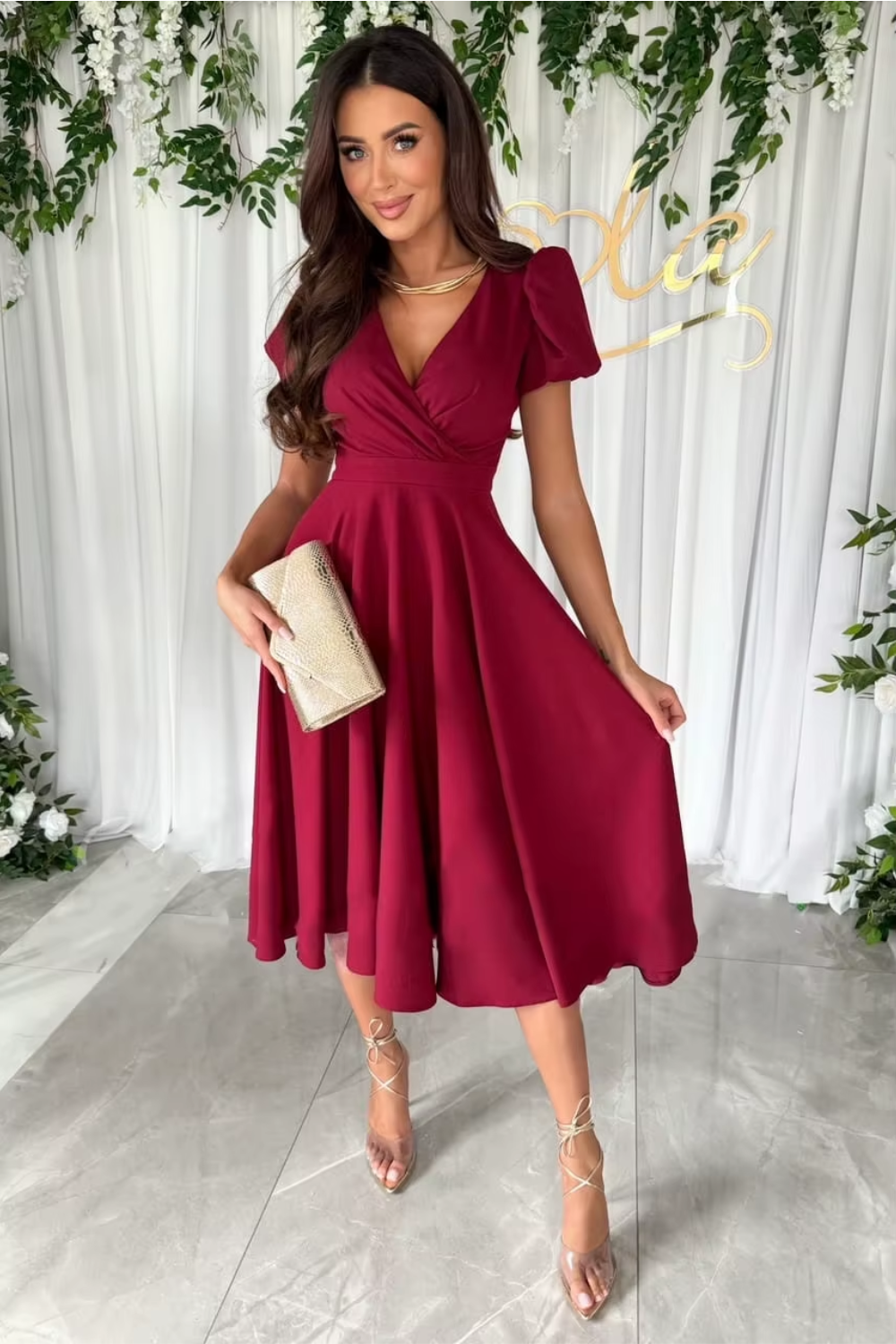 Anika - Elegant V-Neck Midi Dress for Weddings and Special Occasions - Brighter Fashion