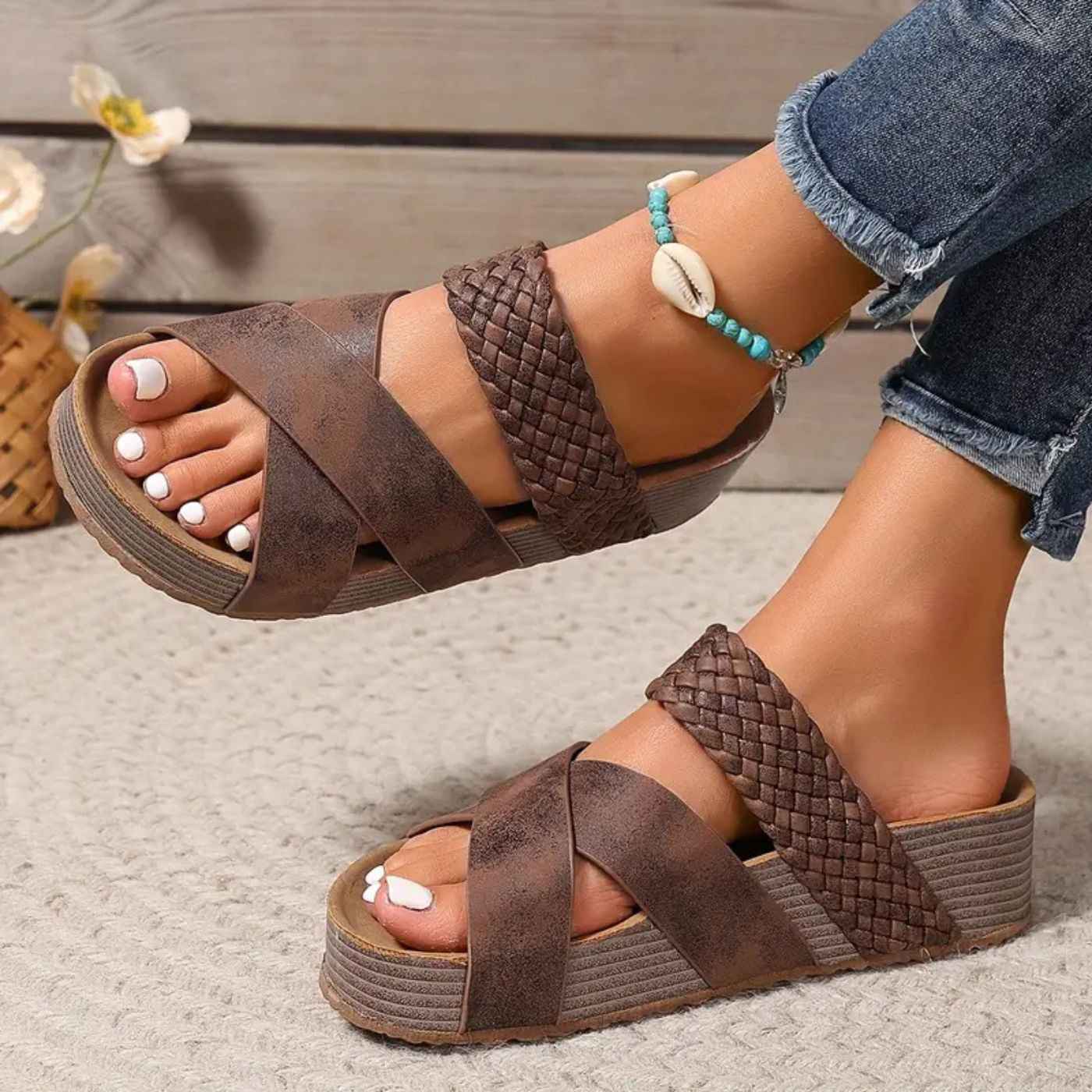 Orthopedic Braided Platform Slide Sandals