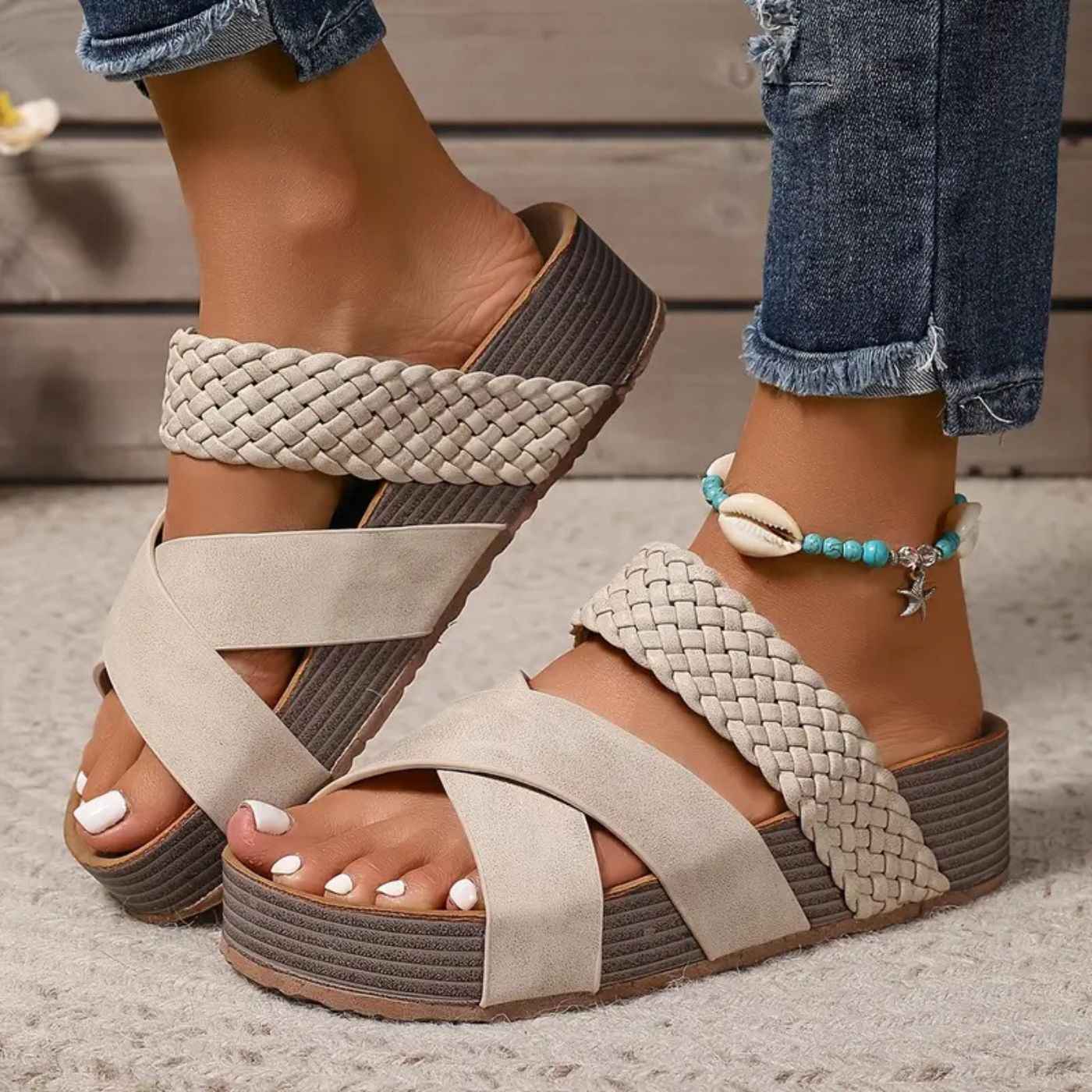 Orthopedic Braided Platform Slide Sandals