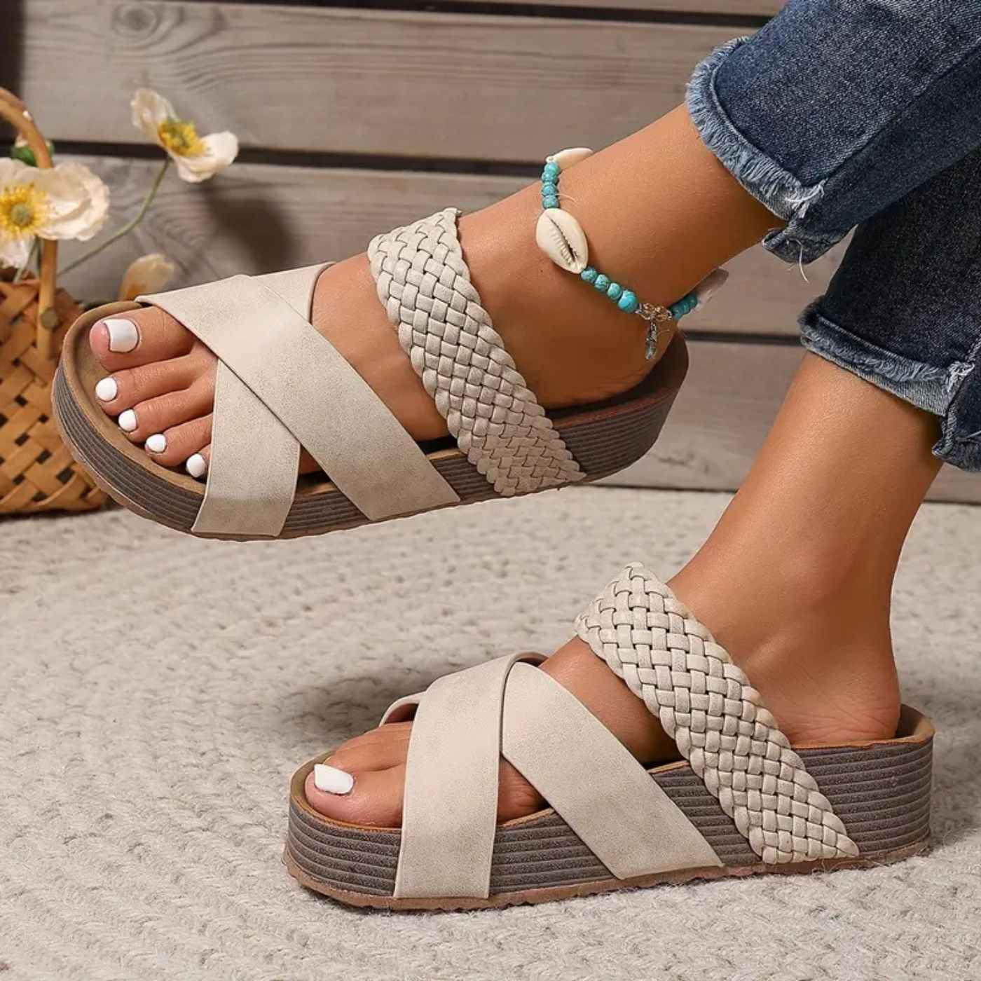 Orthopedic Braided Platform Slide Sandals