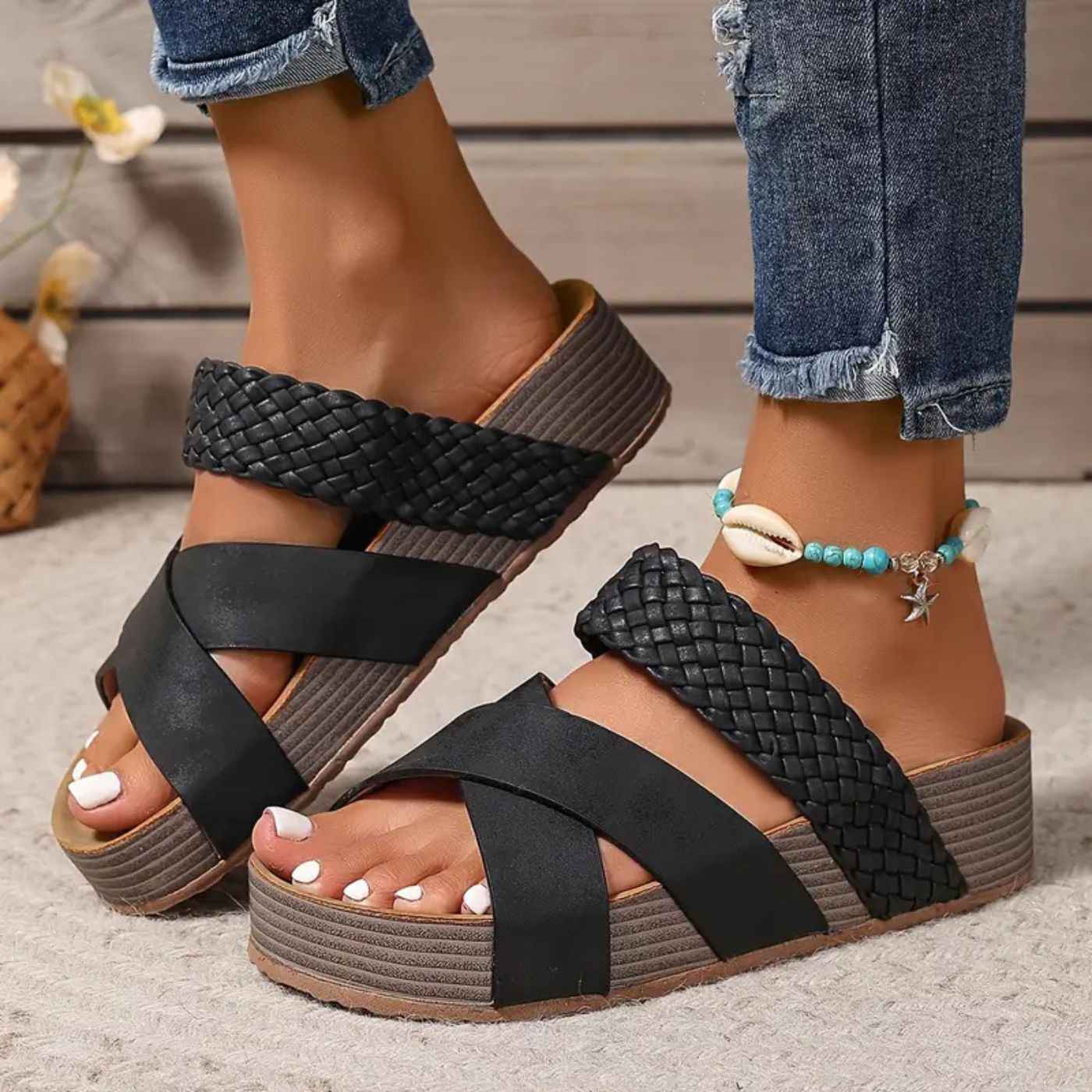 Orthopedic Braided Platform Slide Sandals