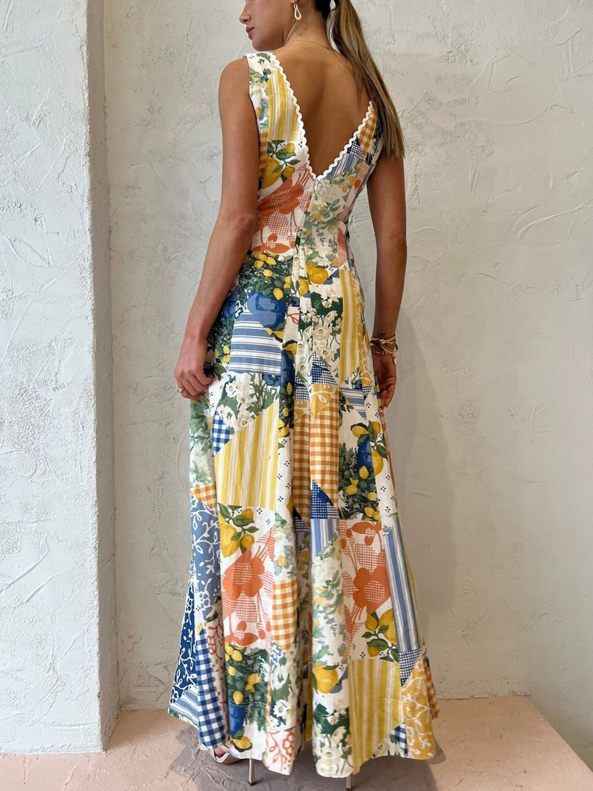 Madeline - Patchwork V-Neck Maxi Dress White Bohemian Charm - Brighter Fashion