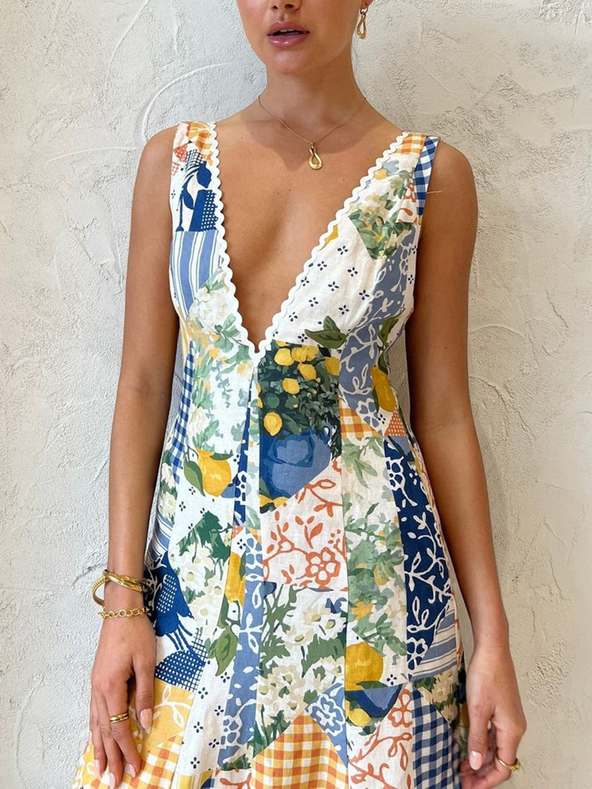 Madeline - Patchwork V-Neck Maxi Dress White Bohemian Charm - Brighter Fashion