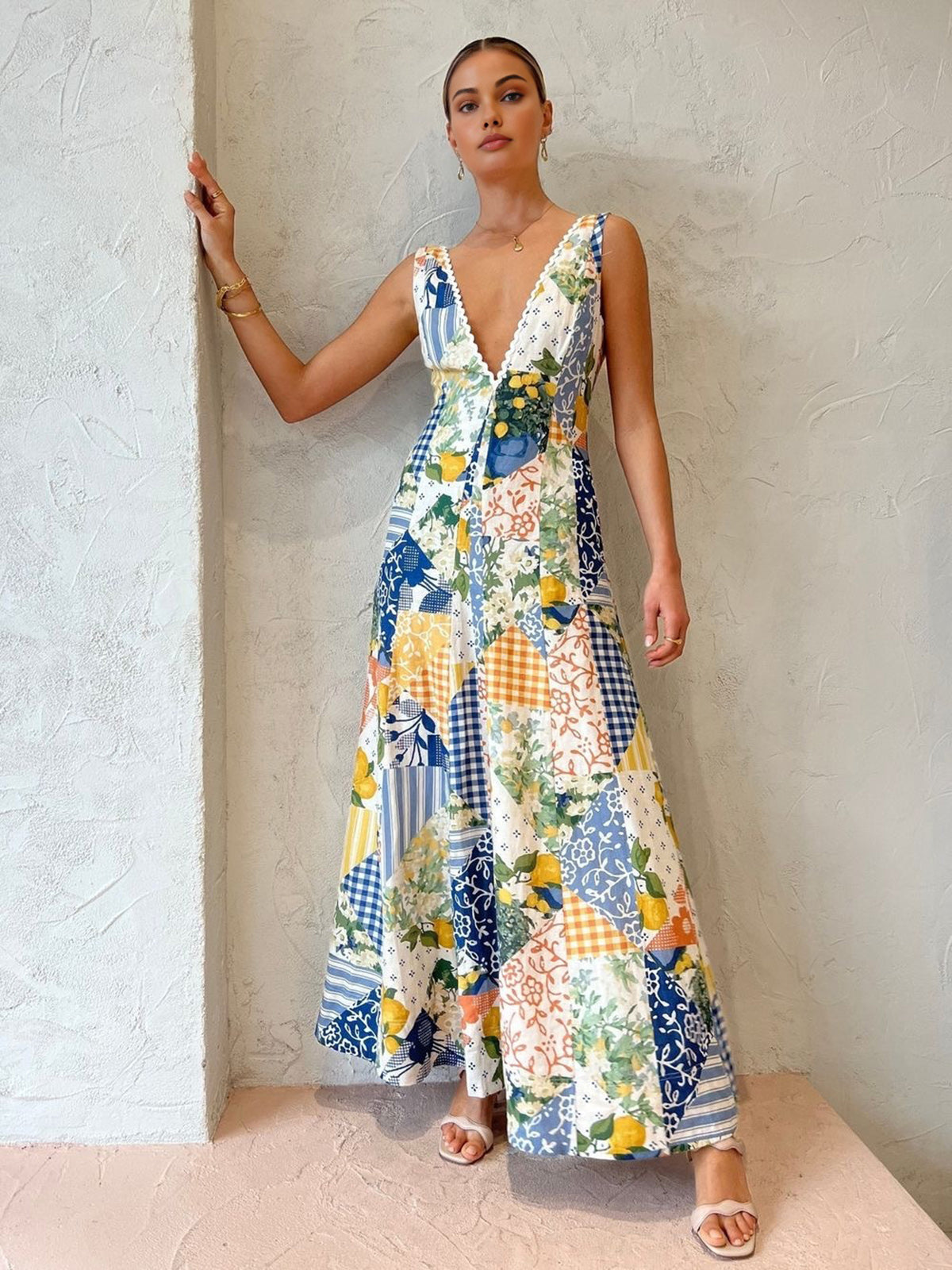 Madeline - Patchwork V-Neck Maxi Dress White Bohemian Charm - Brighter Fashion
