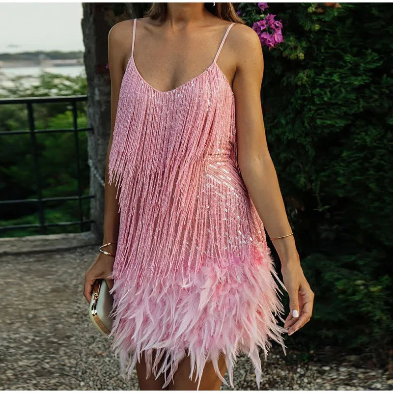 Bold Shimmering Feather Trim Mini Dress | Aria Cocktail Dresses for Women 1