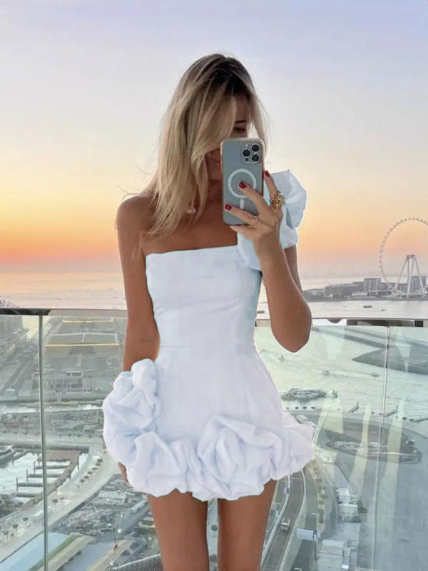 Elegant One-Shoulder Mini Cocktail Dress with Ruffled Hem | Paloma 0