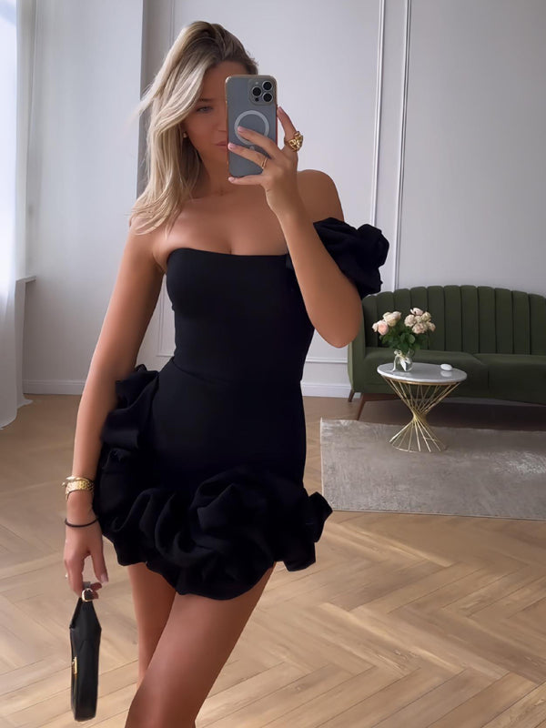 Elegant One-Shoulder Mini Cocktail Dress with Ruffled Hem | Paloma 4