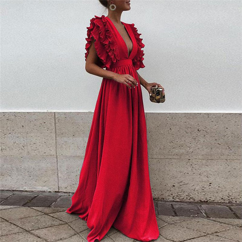 Ariella - Elegant Ruffle Sleeve Maxi Dress - Brighter Fashion