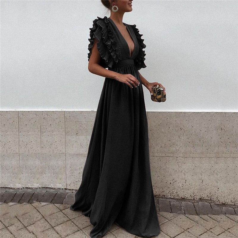 Ariella - Elegant Ruffle Sleeve Maxi Dress - Brighter Fashion