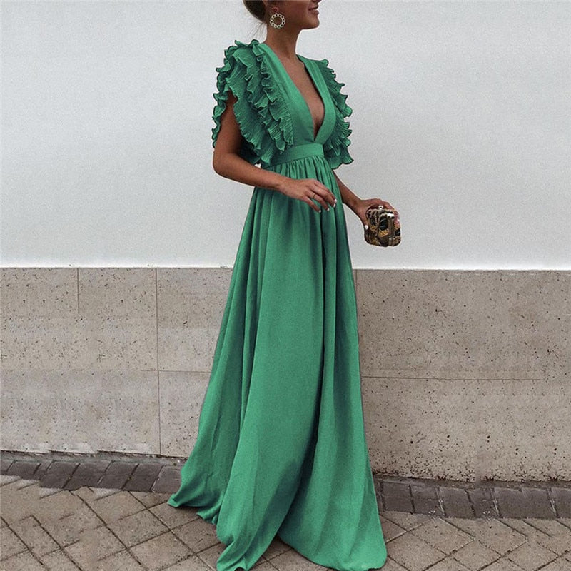 Ariella - Elegant Ruffle Sleeve Maxi Dress - Brighter Fashion