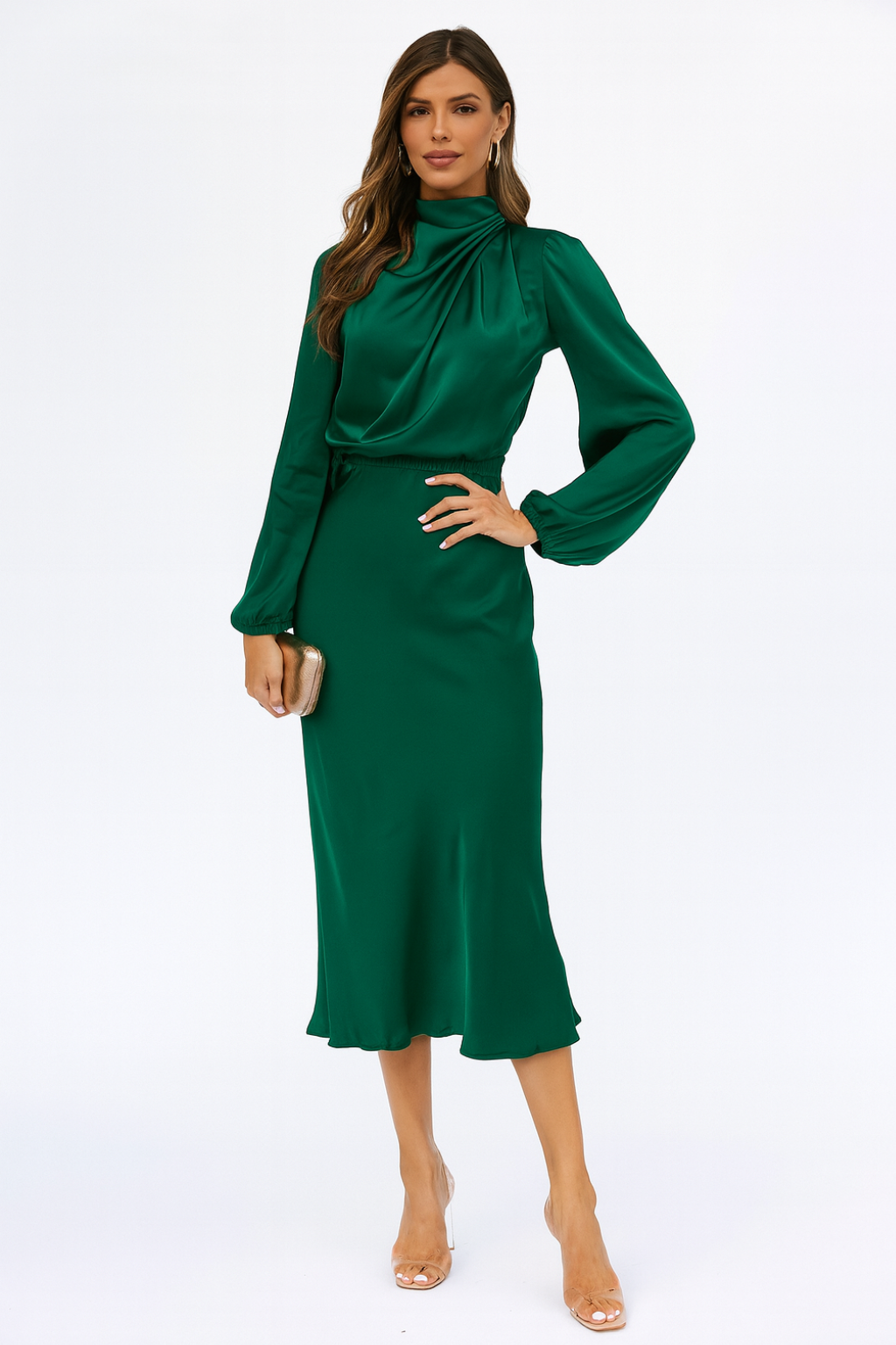 Hazel - Long-Sleeved Satin Dress - Brighter Fashion