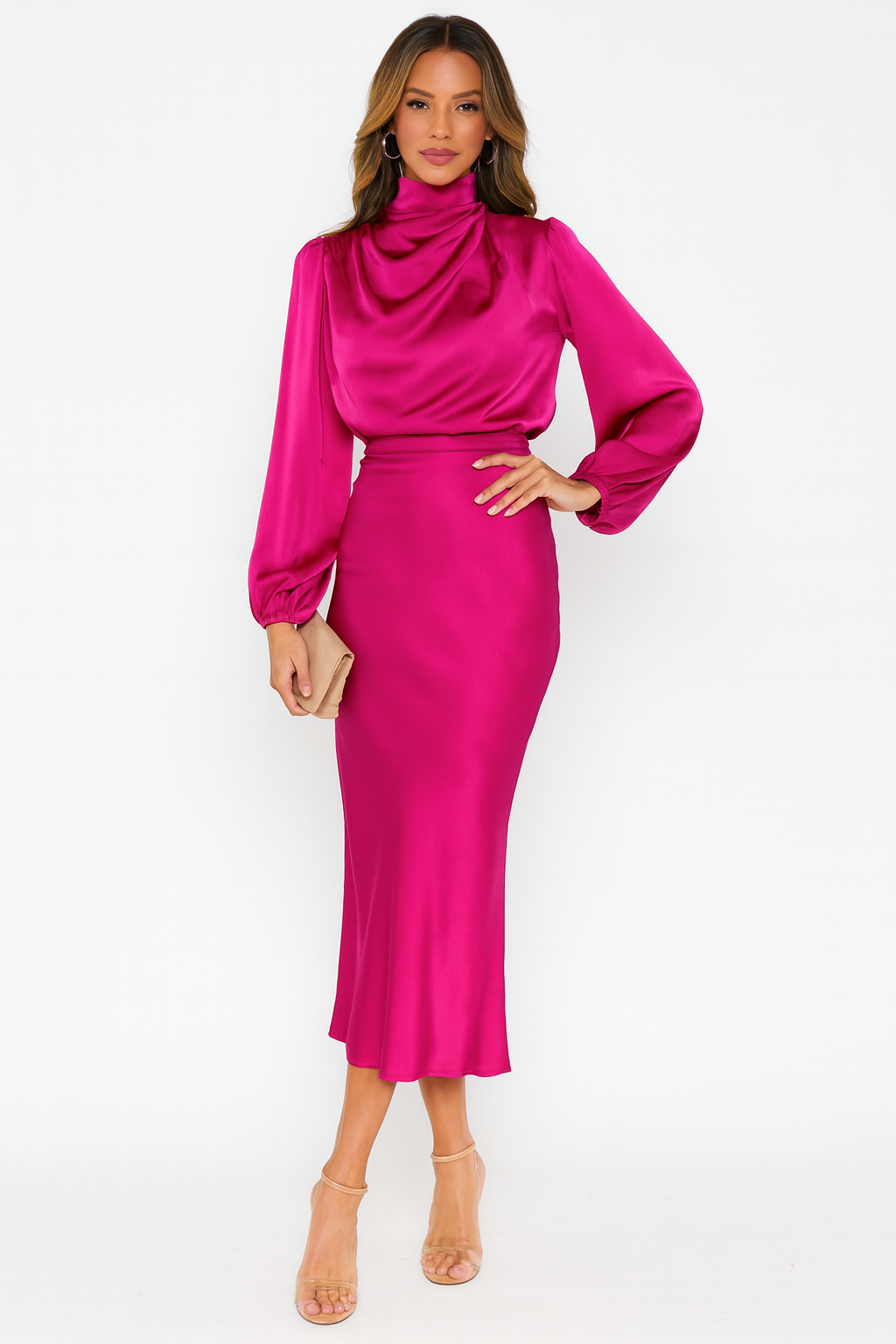 Hazel - Long-Sleeved Satin Dress - Brighter Fashion