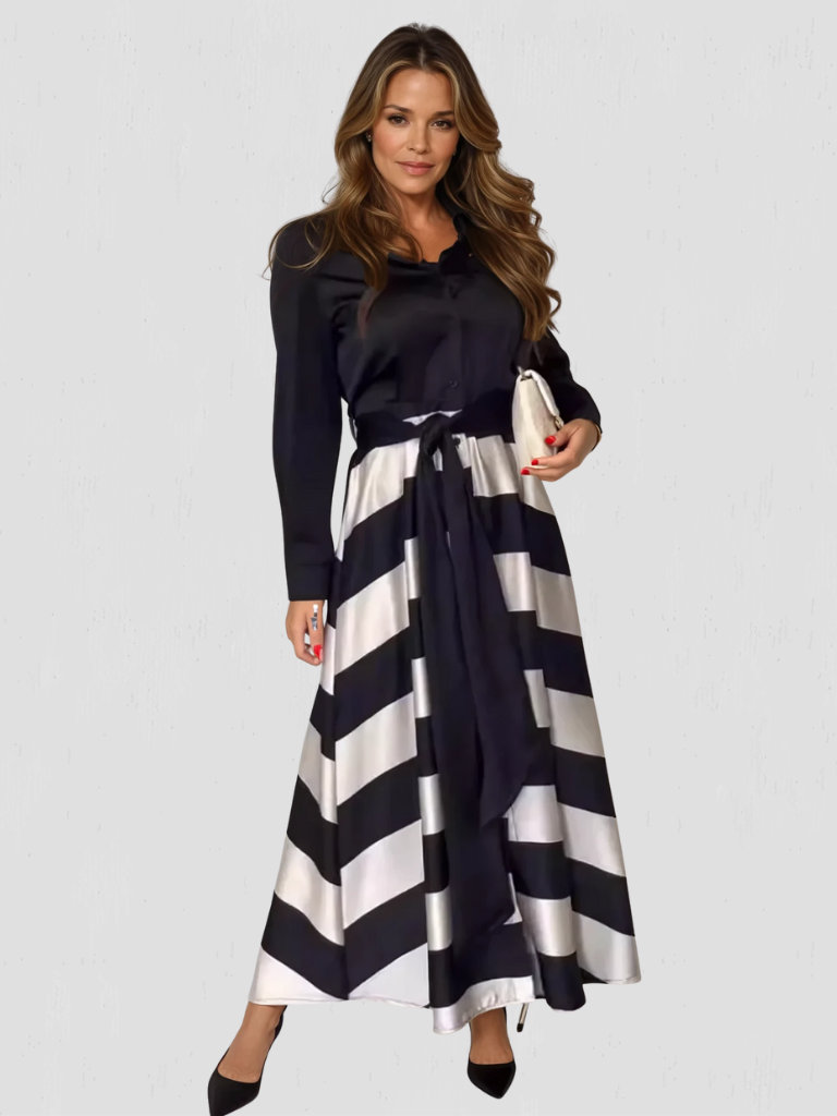 Leona } Elegant Half-Striped Chic Dress