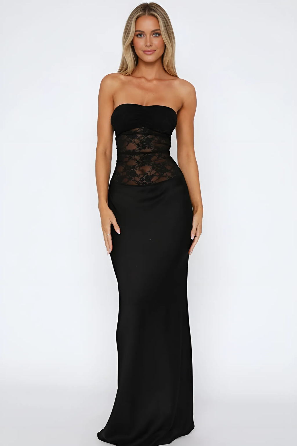 Kathy - Women's Strapless Lace Patchwork Mermaid Maxi Dress - Brighter Fashion