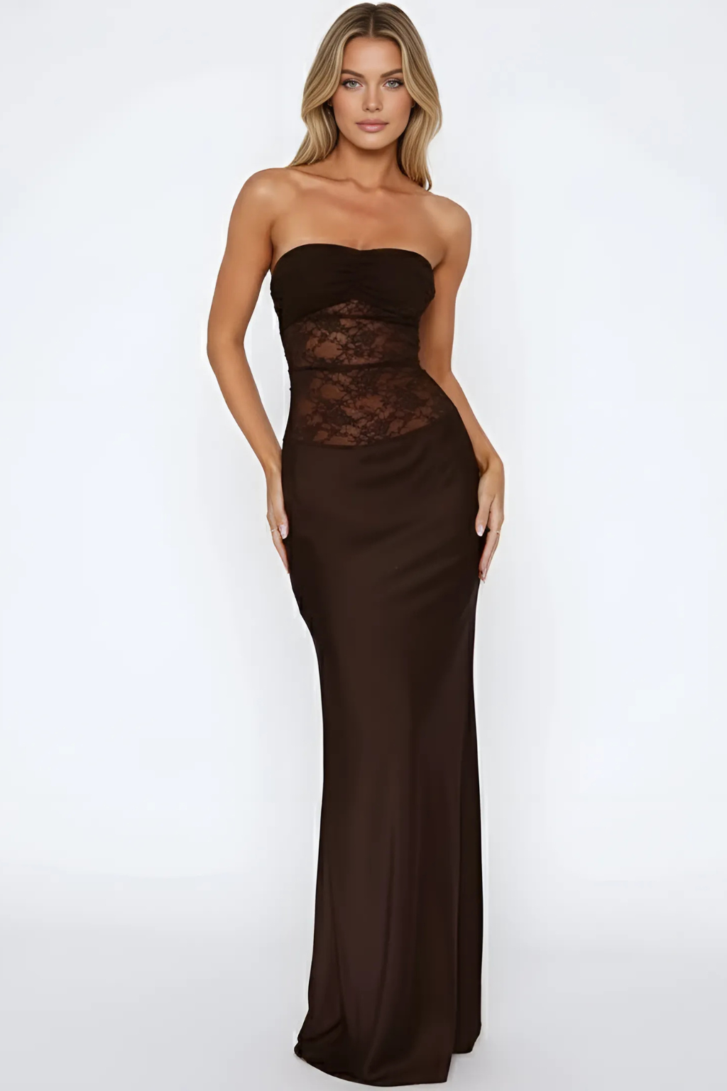 Kathy - Women's Strapless Lace Patchwork Mermaid Maxi Dress - Brighter Fashion