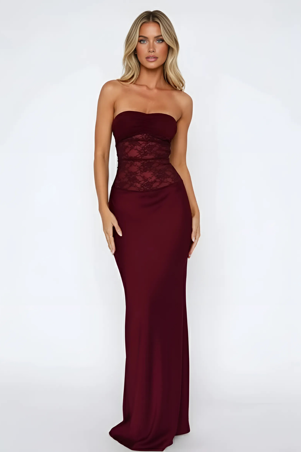 Kathy - Women's Strapless Lace Patchwork Mermaid Maxi Dress - Brighter Fashion