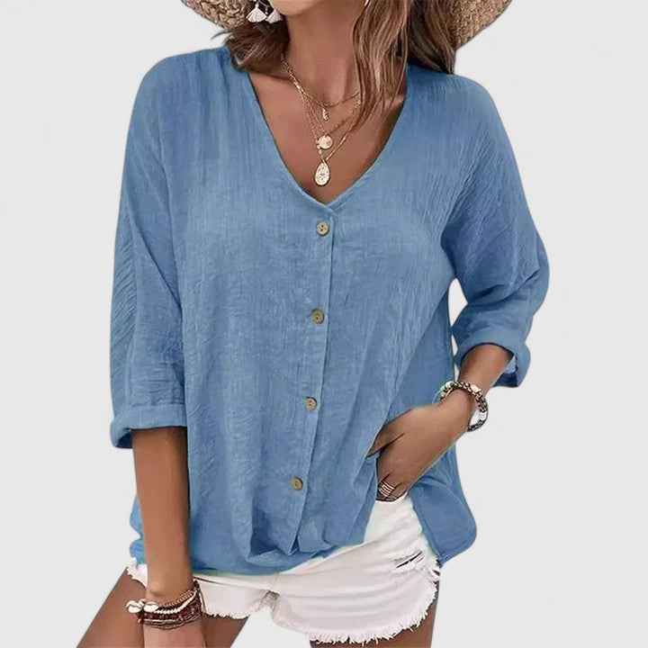 Relaxed Button-Front V-Neck Shirt