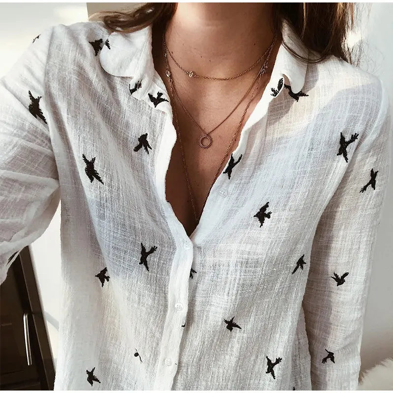 Scarlett - Relaxed Bird-Print Button-Up Blouse - Brighter Fashion