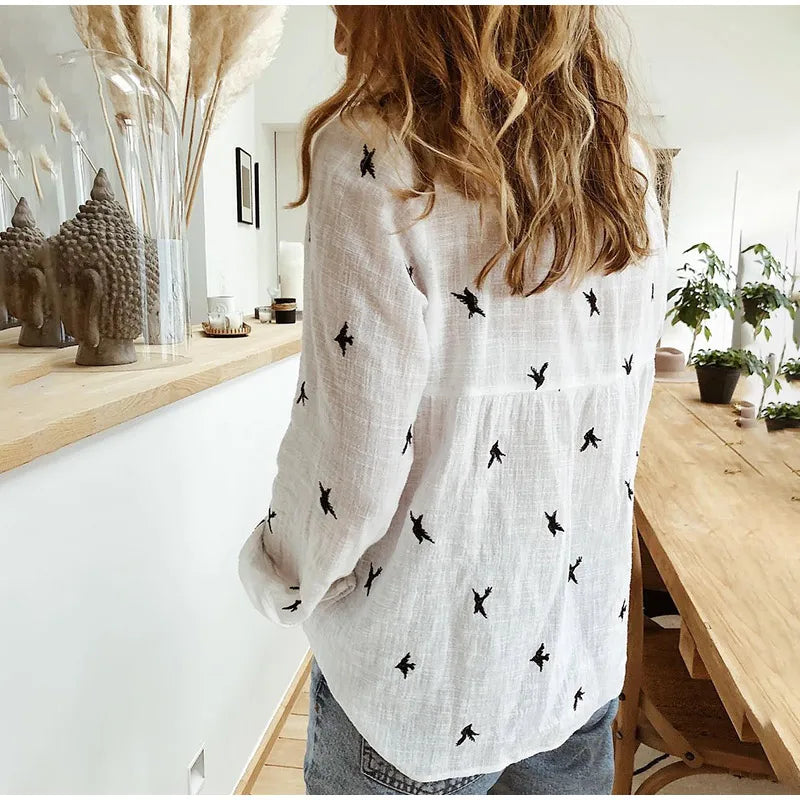 Scarlett - Relaxed Bird-Print Button-Up Blouse - Brighter Fashion