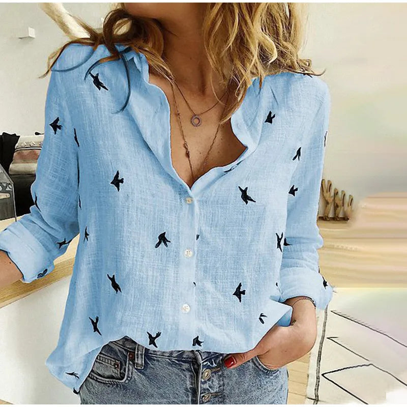 Scarlett - Relaxed Bird-Print Button-Up Blouse - Brighter Fashion