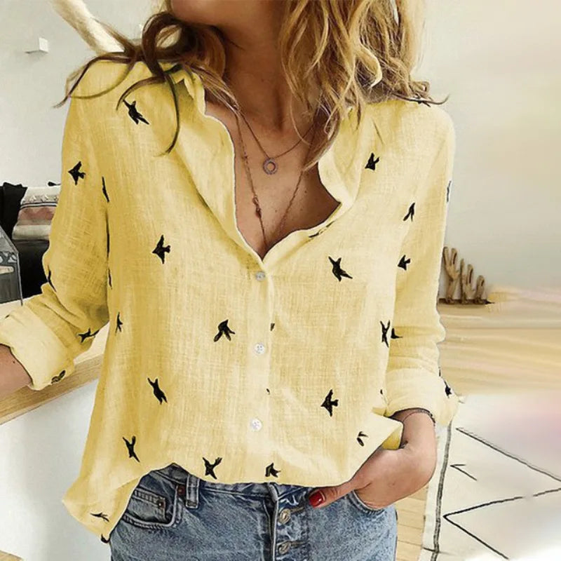 Scarlett - Relaxed Bird-Print Button-Up Blouse - Brighter Fashion