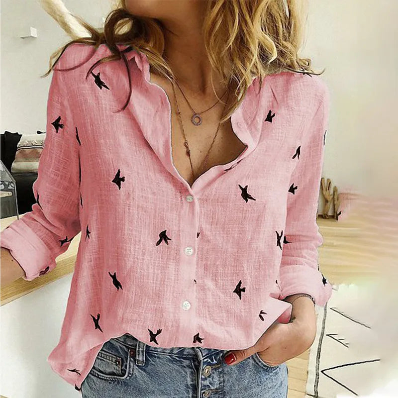 Scarlett - Relaxed Bird-Print Button-Up Blouse - Brighter Fashion