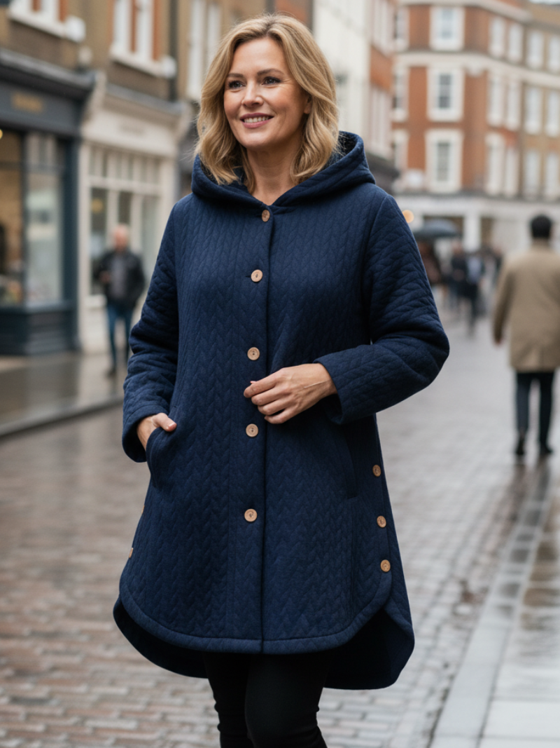 Julie | Button Front Hooded Coat With Asymmetrical Hem Coverage