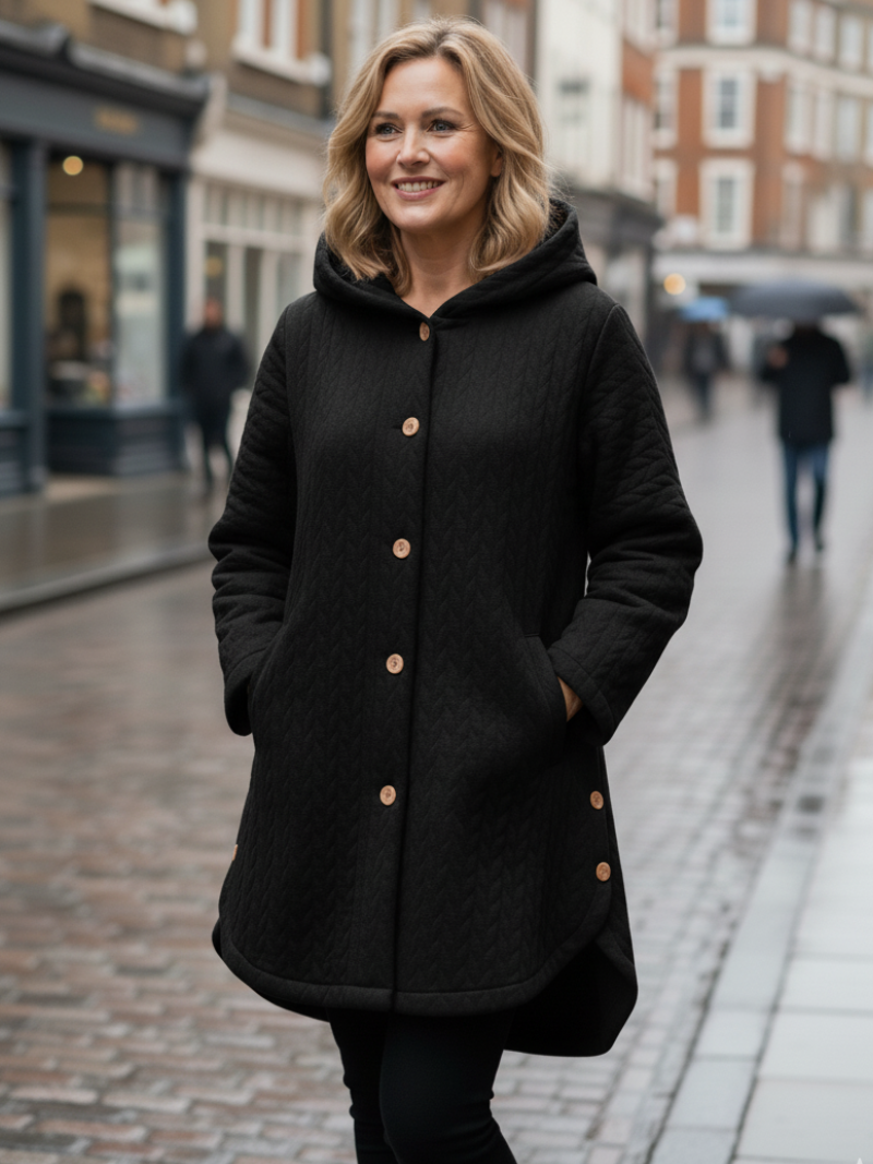 Julie | Button Front Hooded Coat With Asymmetrical Hem Coverage