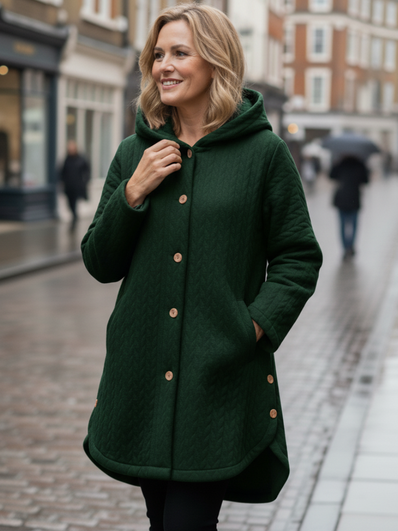 Julie | Button Front Hooded Coat With Asymmetrical Hem Coverage