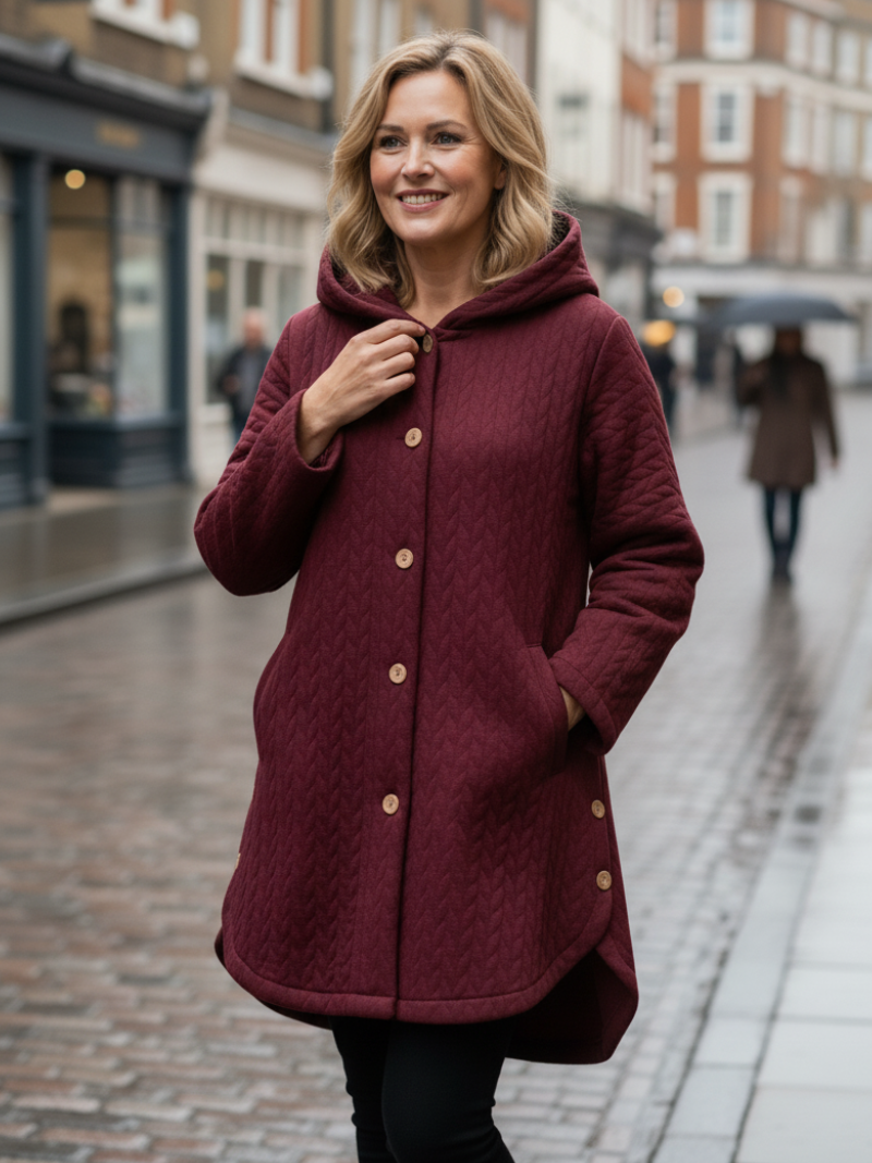 Julie | Button Front Hooded Coat With Asymmetrical Hem Coverage