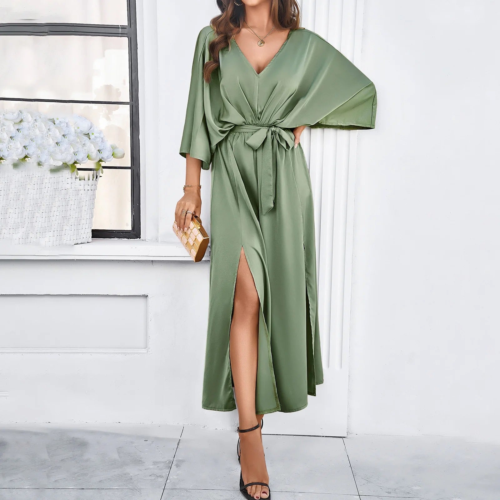 Bella - V-Neck Spring Midi Dress - Brighter Fashion