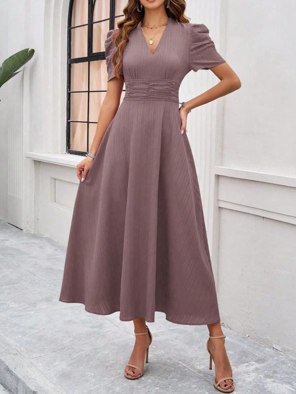 Cecily - V-Neck Midi Dress with Puff Sleeves and Ruched Waist - Brighter Fashion