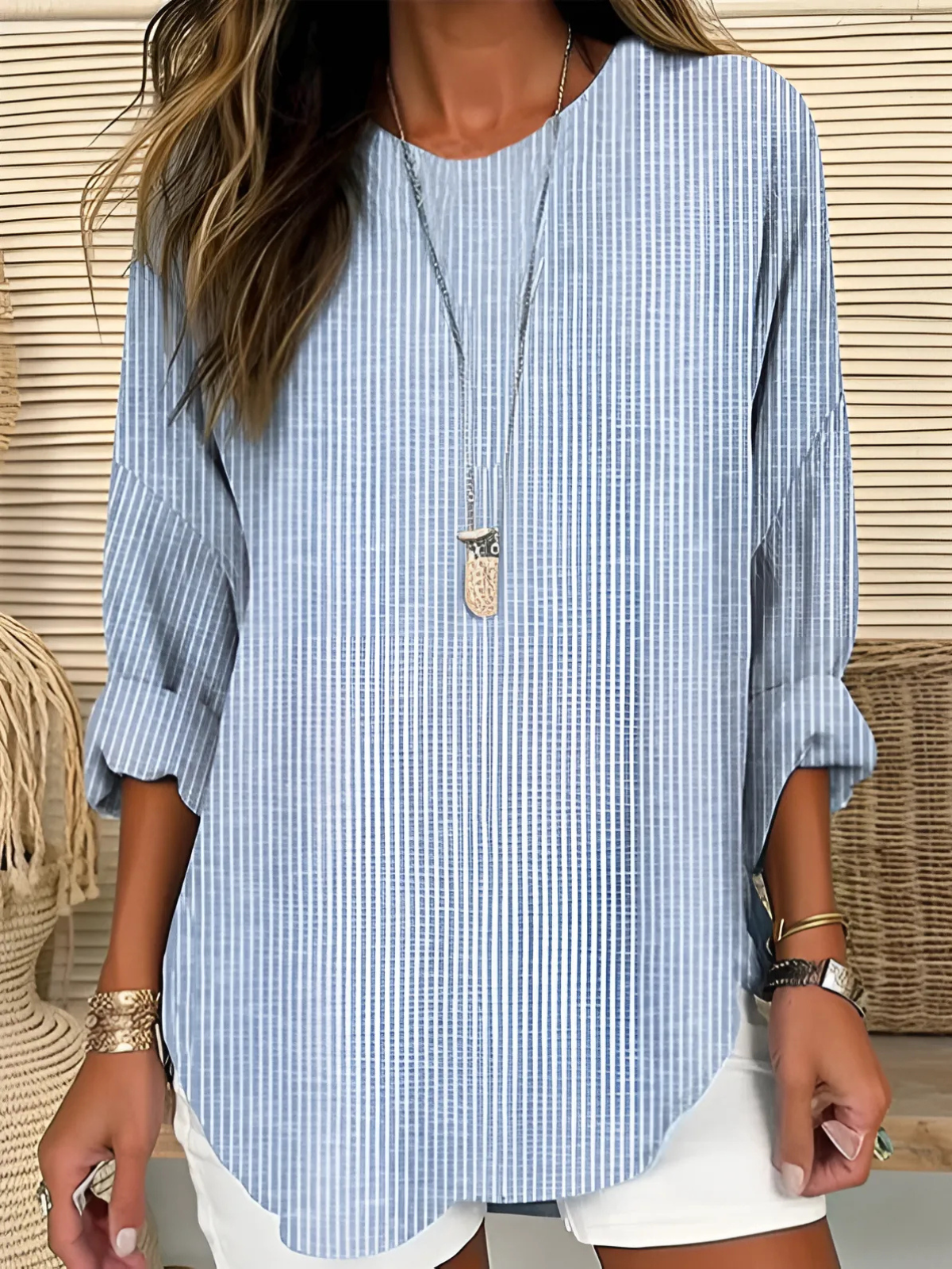 Women’s Striped Long Sleeve Blouse with Rounded Hem