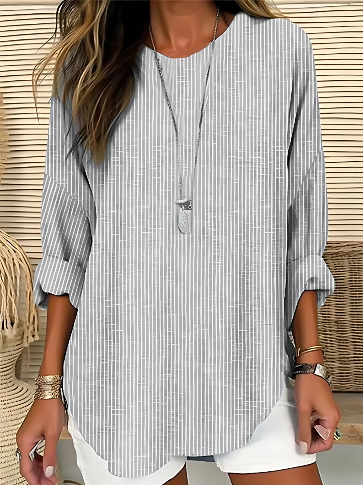Women’s Striped Long Sleeve Blouse with Rounded Hem